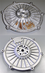 Aluminum turbocharger housing, before & after blasting during the remanufacturing process; note no damage to identifying marks