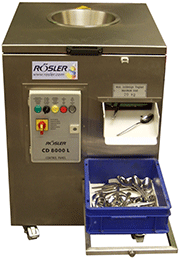 CD 8000 The drier/polisher provides germ-free and stain-free drying of cutlery utensils, where clean but still wet cutlery is taken directly from the dishwasher and loaded rapidly into the inlet point of the CD drier, entering a one-pass process chamber (approx. 30 seconds) where polished dried cutlery is automatically separated from the special granular drying media and collected in a tray, ready for service.