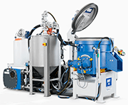 The VG 25 finishing system with peristaltic pump, abrasive media storage tank and vibratory work bowl