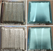 Fig. 1: Photography of the LC-deposited In625 and SS431 coatings, supplied by Dura-Metal (S) Pte Ltd. (a) As-cladded In625 coating, (b) Grinded In625 coating, (c) As-cladded SS431 coating, and (d) Grinded SS431 coating