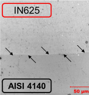 Figure 1: Cross-sectional optical microscopic images of (a) three INCONEL 625-cladded AISI4140 flat plates showing the deposition thickness after grinding (b) interface between INCONEL 625 and AISI4140 at a higher magnification (Interface shown by black arrows)