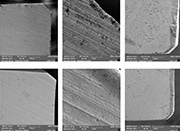 Figure 5. SEM image of standard (top) and Stream Finishing (bottom): 500× initial rake face (left), 5000× initial cutting edge (centre), and 500× rake face according to wear criterion (right) [23]