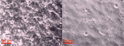 Pict. 1: SEM pictures of Titanium sample surface after peening with glass beads (left) and Zirshot (right). Magnif. 150 x