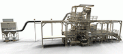 The continuous flow wire mesh belt blast machine RDGE1250-8-30-F in special foundry version is augmented with a work piece transport system supplied by the customer.