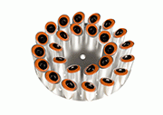 Up to 35 acetabular cups are 
mounted on a special workpiece fixture. The raw workpieces are embedded in a suitable inlay available in different sizes.