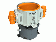 Center-less rotary vibrator with motors mounted on the outside of the processing bowl. In combination with a special workpiece fixture, this allows the perfect finishing of the cup-shaped internal geometry of acetabular cups.