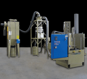 This pressure-blast automated glass bead peening system includes precision indexing, and PLC-controlled vertical positioning, oscillating and rotation of two side-angle nozzles for small bore ID peening.