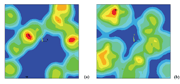 Fig. 8: Surface von Mises equivalent plastic strain contours after two different random impacts. (a) 12 random impacts, surface coverage equals to 63%; (b) 24 random impacts, surface coverage equals to 92%